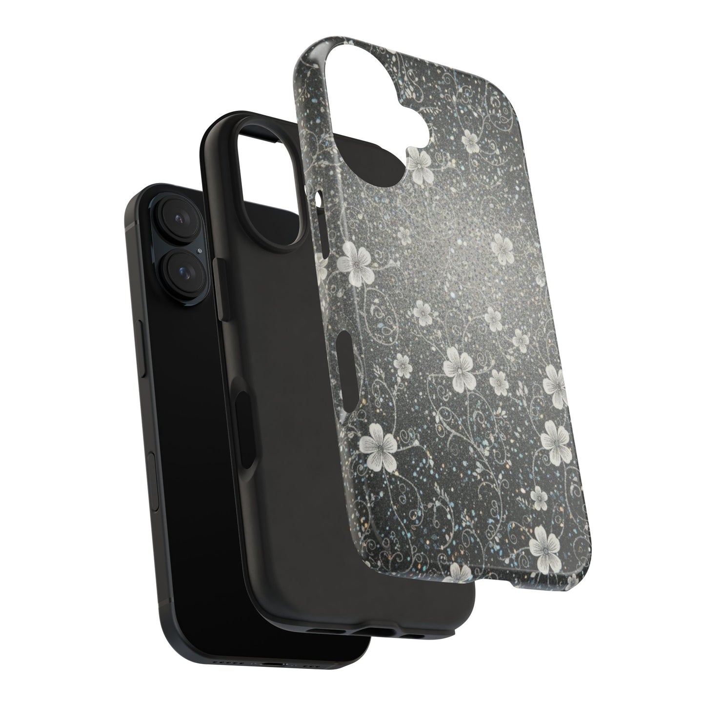 Floral Sparkle Tough Phone Case — Black & Silver Vintage Blossom