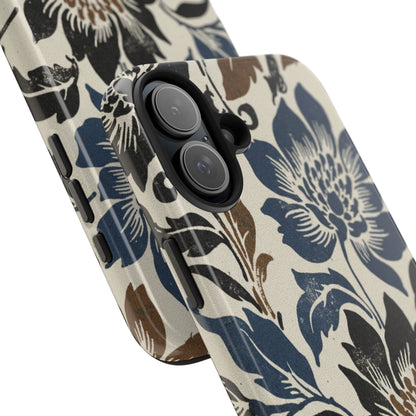 Floral Vintage Tough Phone Case — Blue & Brown Botanical Protection