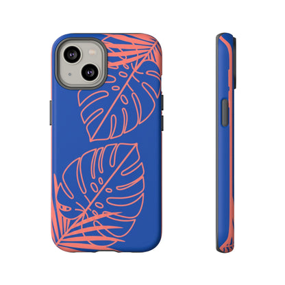 Tropical Monstera Phone Case — Blue & Coral Leaf Protective Cover
