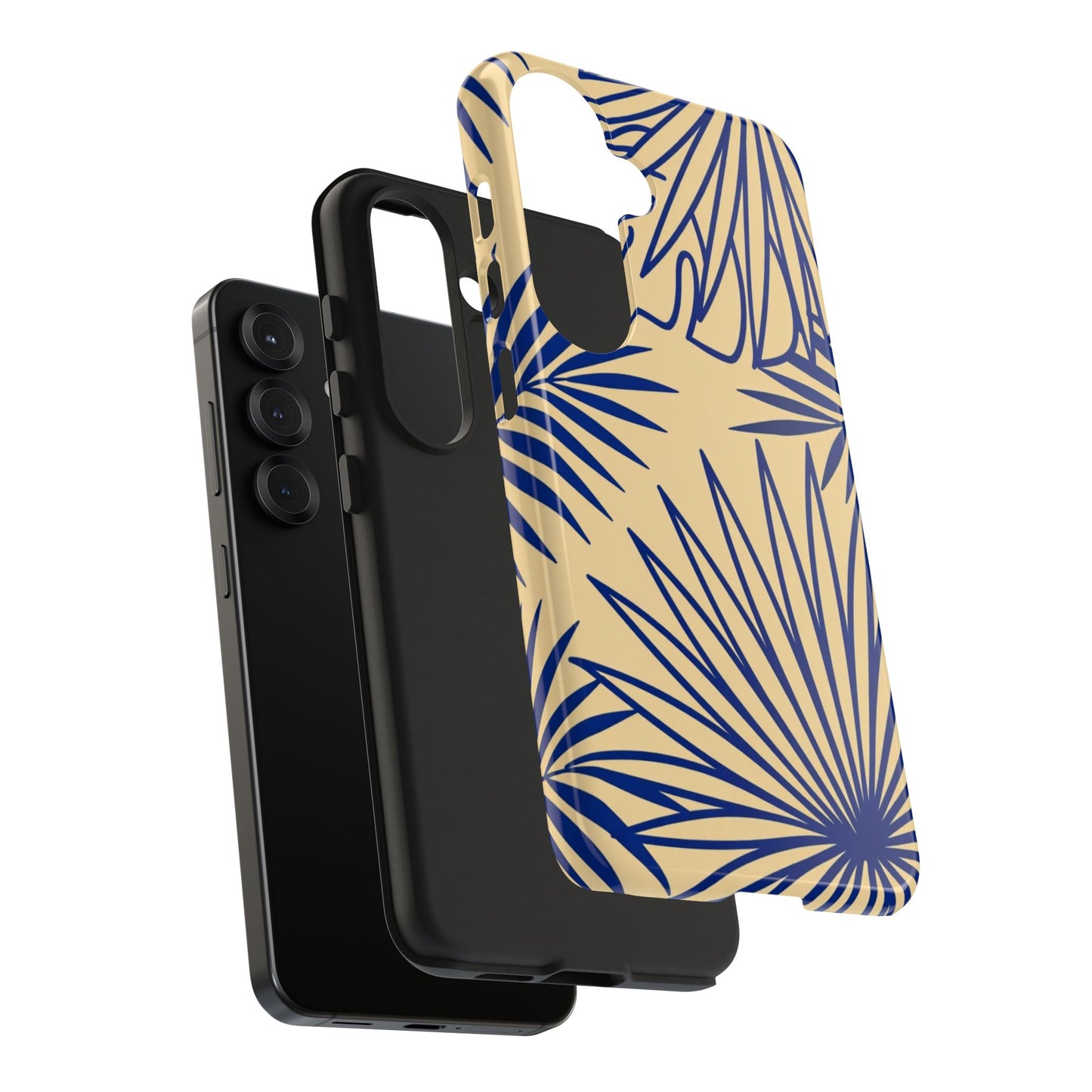 Tropical Palm Pattern Tough Phone Case — Navy Blue Fan Leaves on Sand