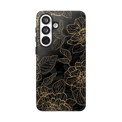 Floral Gold Outline Tough Phone Case – Black Botanical Protective Cover