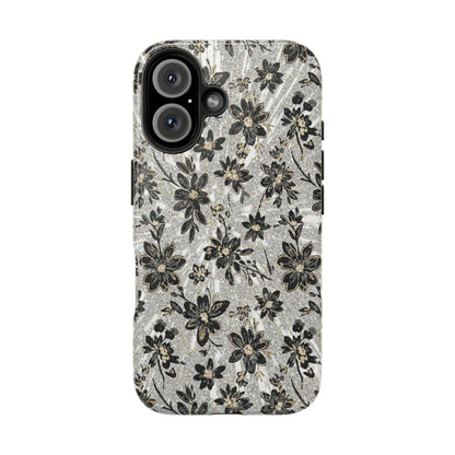 Floral Vintage Tough Phone Case — Black & Gray Rustic Flower Protective Case