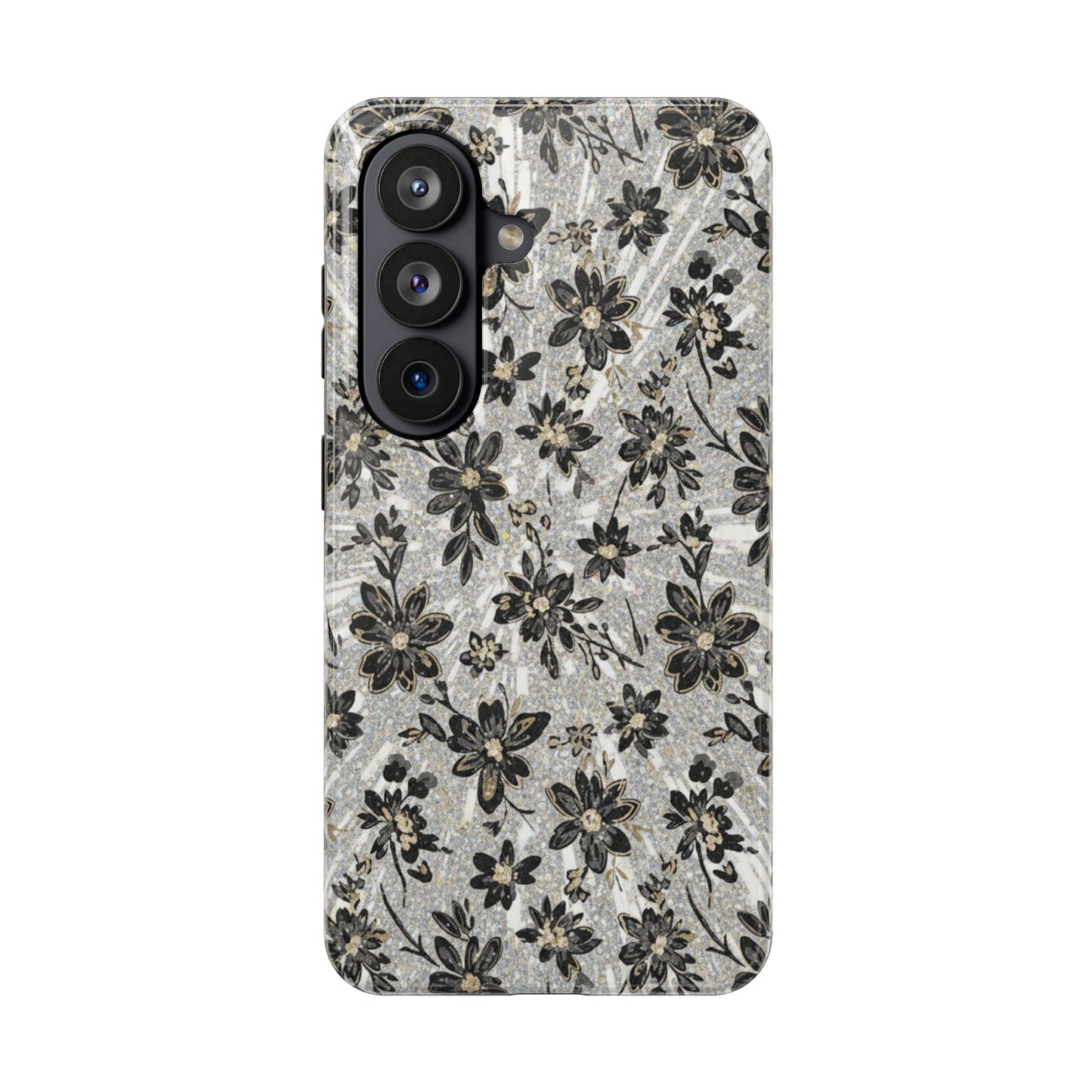 Floral Vintage Tough Phone Case — Black & Gray Rustic Flower Protective Case