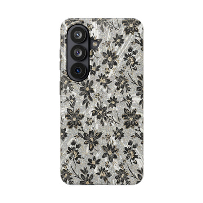 Floral Vintage Tough Phone Case — Black & Gray Rustic Flower Protective Case