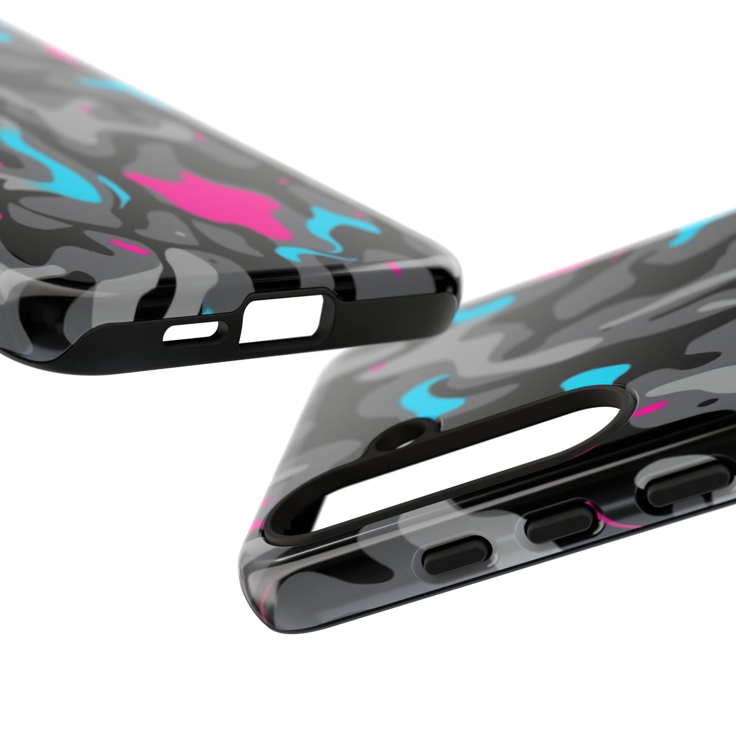 Camouflage Phone Case — Gray Camo with Neon Pink & Cyan Accent Tough Protective Cover
