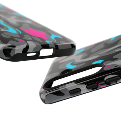 Camouflage Phone Case — Gray Camo with Neon Pink & Cyan Accent Tough Protective Cover