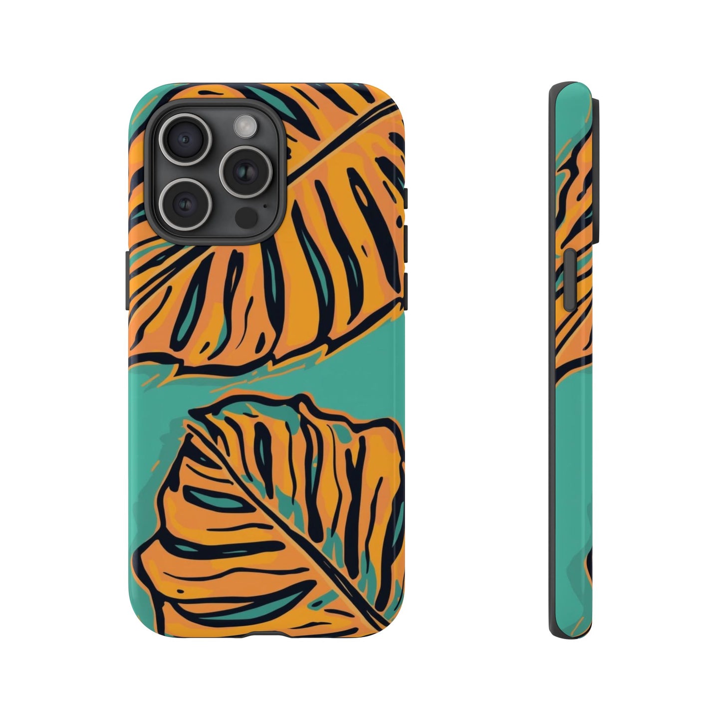 Tropical Leaf Tough Phone Case — Orange Monstera Design on Teal