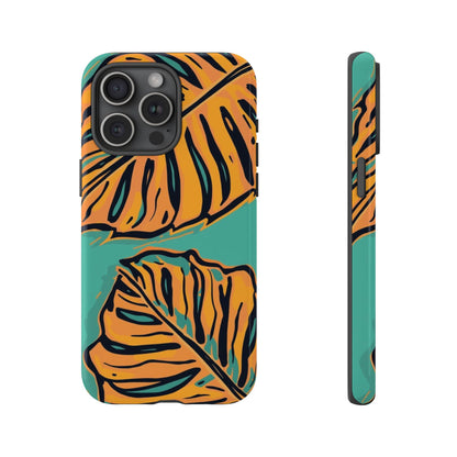 Tropical Leaf Tough Phone Case — Orange Monstera Design on Teal