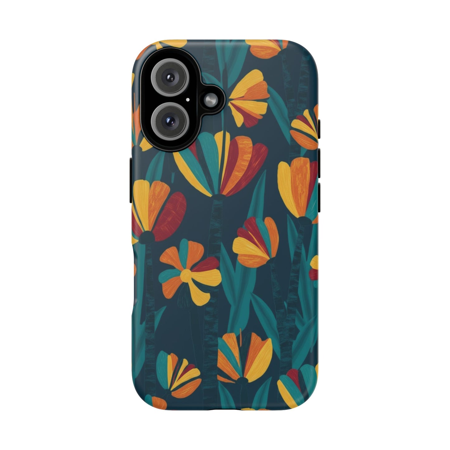 Floral Retro Teal Tough Phone Case — Vibrant Orange & Mustard Blooms