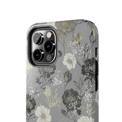 Floral Gray Tough Phone Case — Elegant Protective Phone Cover with Gold Accent