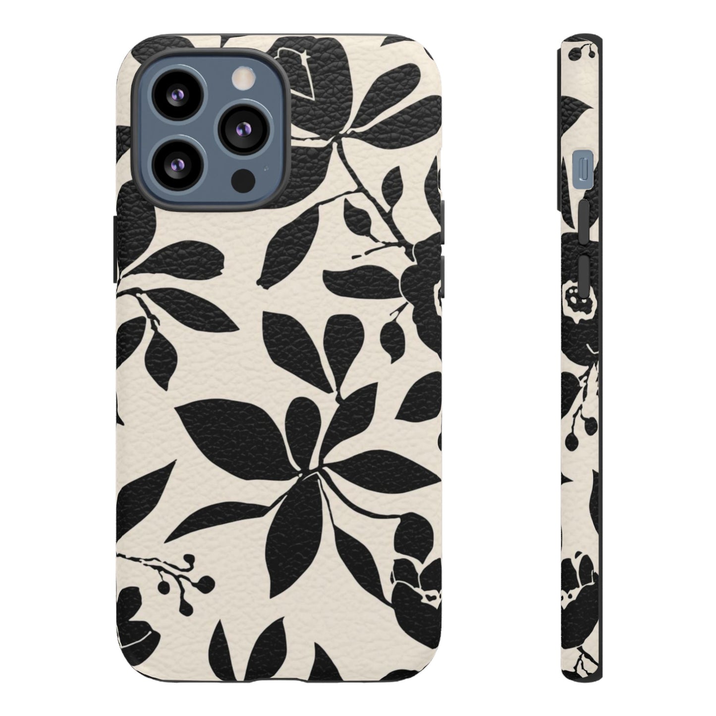 Black Floral Pattern Phone Case — Monochrome Botanical Tough Case