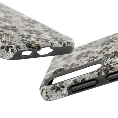 Floral Vintage Tough Phone Case — Black & Gray Rustic Flower Protective Case