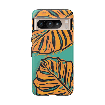 Tropical Leaf Tough Phone Case — Orange Monstera Design on Teal