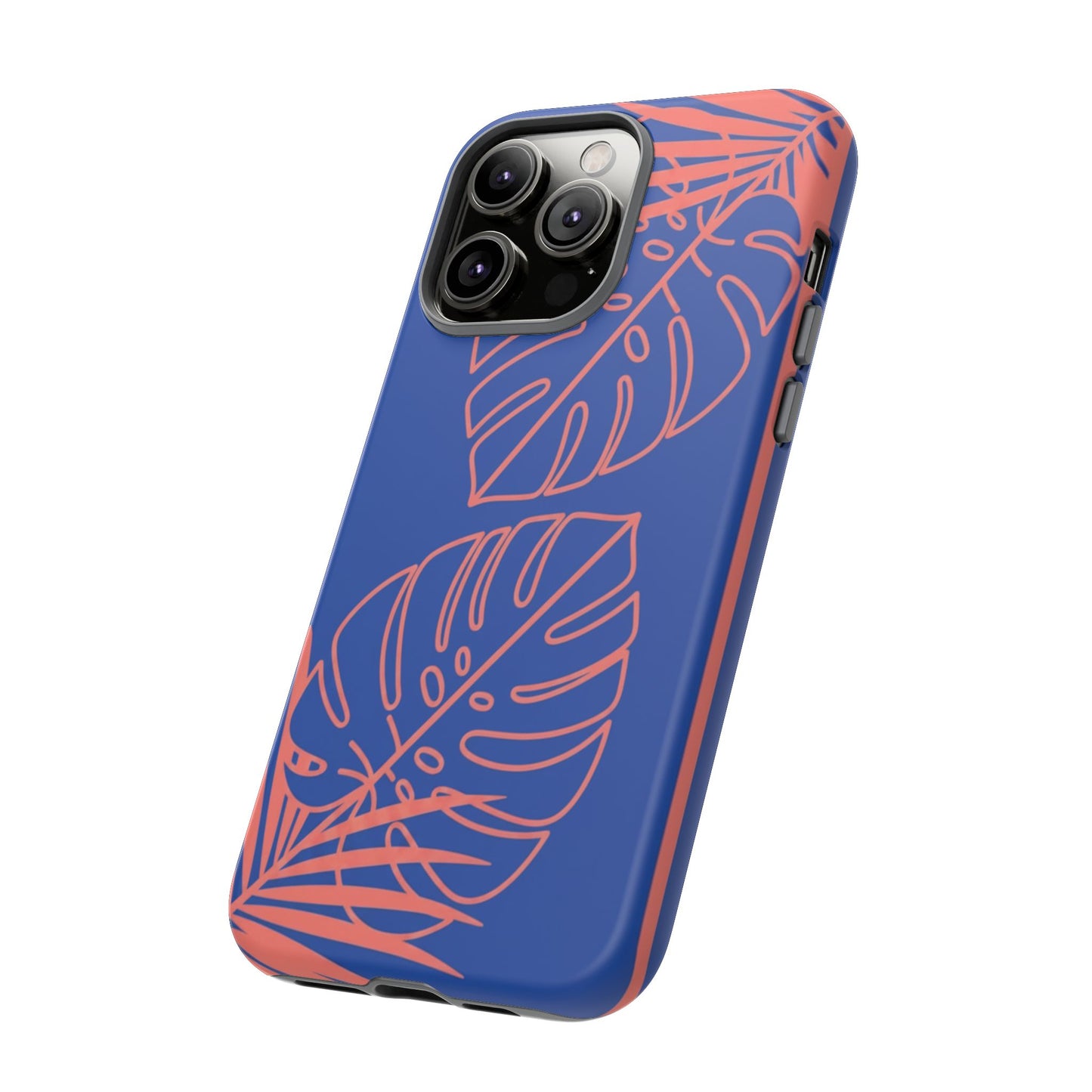 Tropical Monstera Phone Case — Blue & Coral Leaf Protective Cover