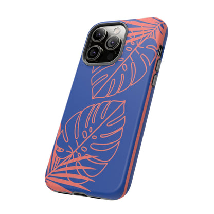 Tropical Monstera Phone Case — Blue & Coral Leaf Protective Cover
