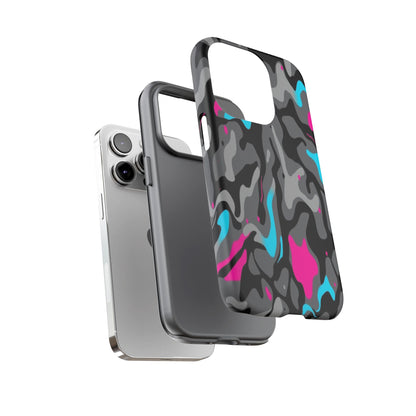 Camouflage Phone Case — Gray Camo with Neon Pink & Cyan Accent Tough Protective Cover