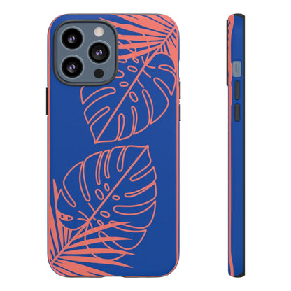 Tropical Monstera Phone Case — Blue & Coral Leaf Protective Cover