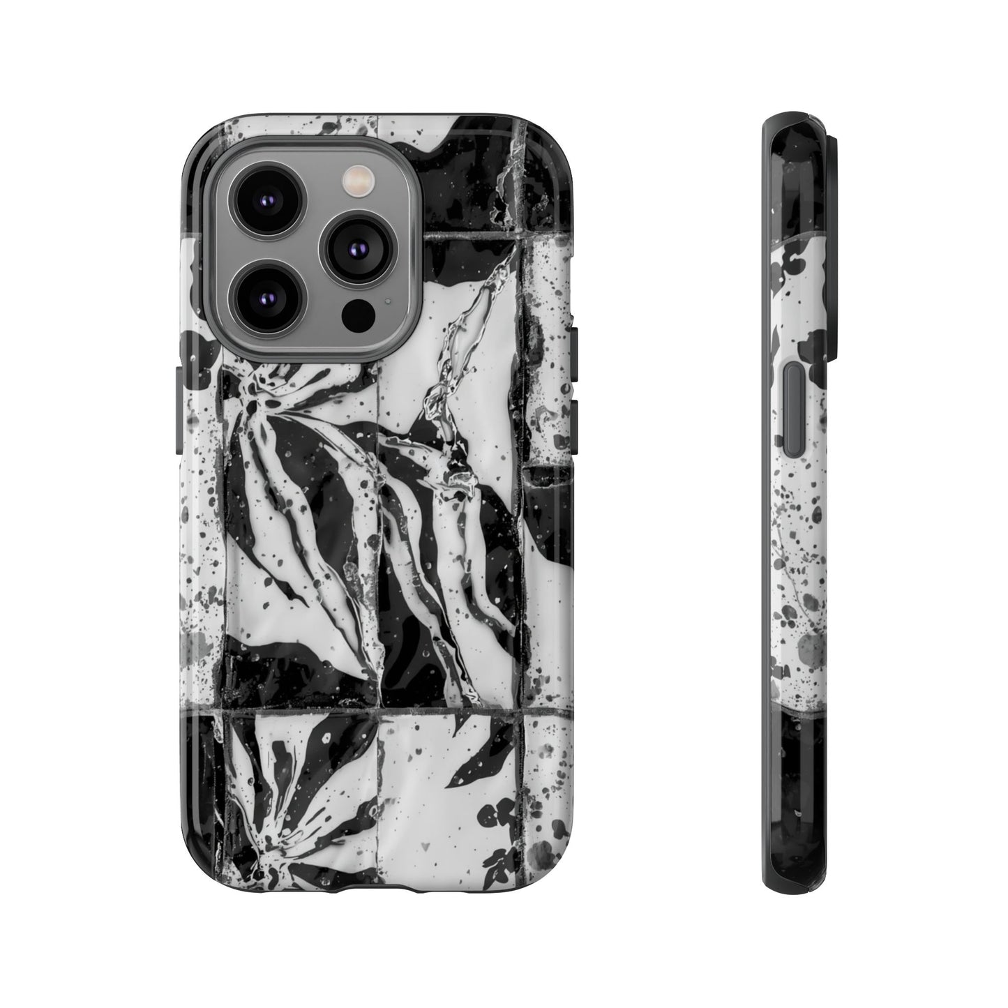 Monochrome Tile Floral Tough Phone Case