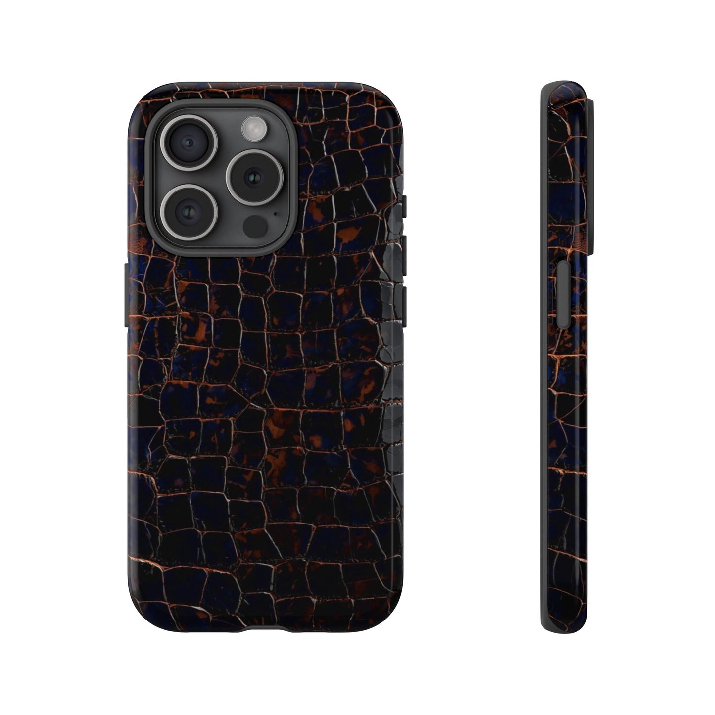Croc-Embossed Tough Phone Case — Shockproof Black Alligator Texture