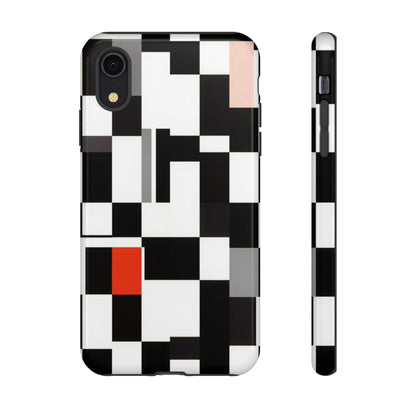 Abstract Geometric Phone Case – Black & White Checker Grid with Red Accent