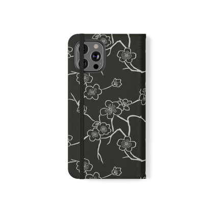 Black Cherry Blossom Flip Phone Case – Floral Wallet Flip Case with Card Slots