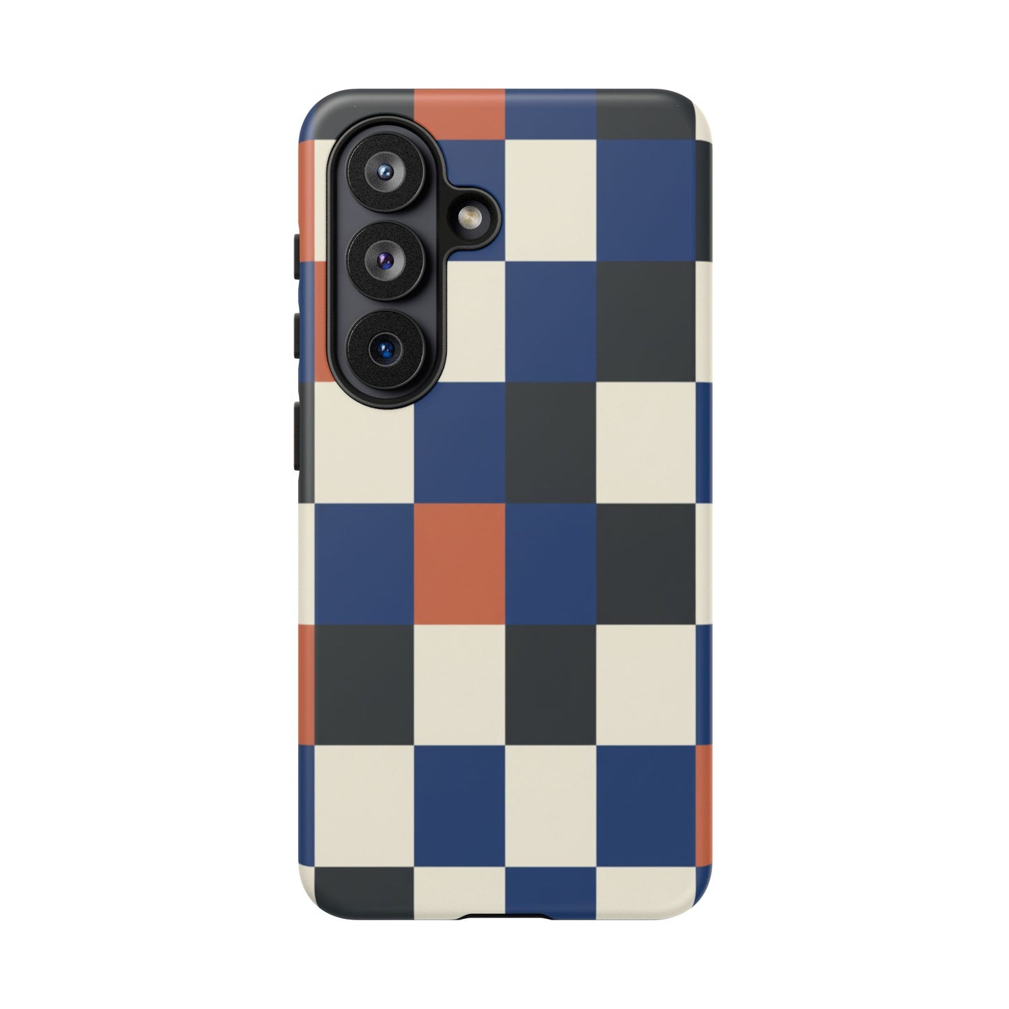 Checkered Retro Phone Case — Blue, Orange & Ivory Geometric Protective Cover