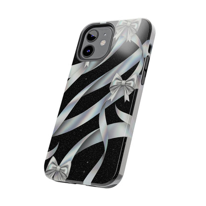 Silver Ribbon Bow Tough Phone Case — Glitter Black Protective Phone Case