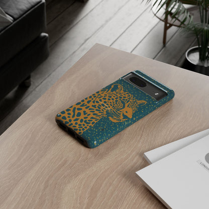 Leopard Print Tough Phone Case — Gold Panther on Teal, Protective iPhone Cover
