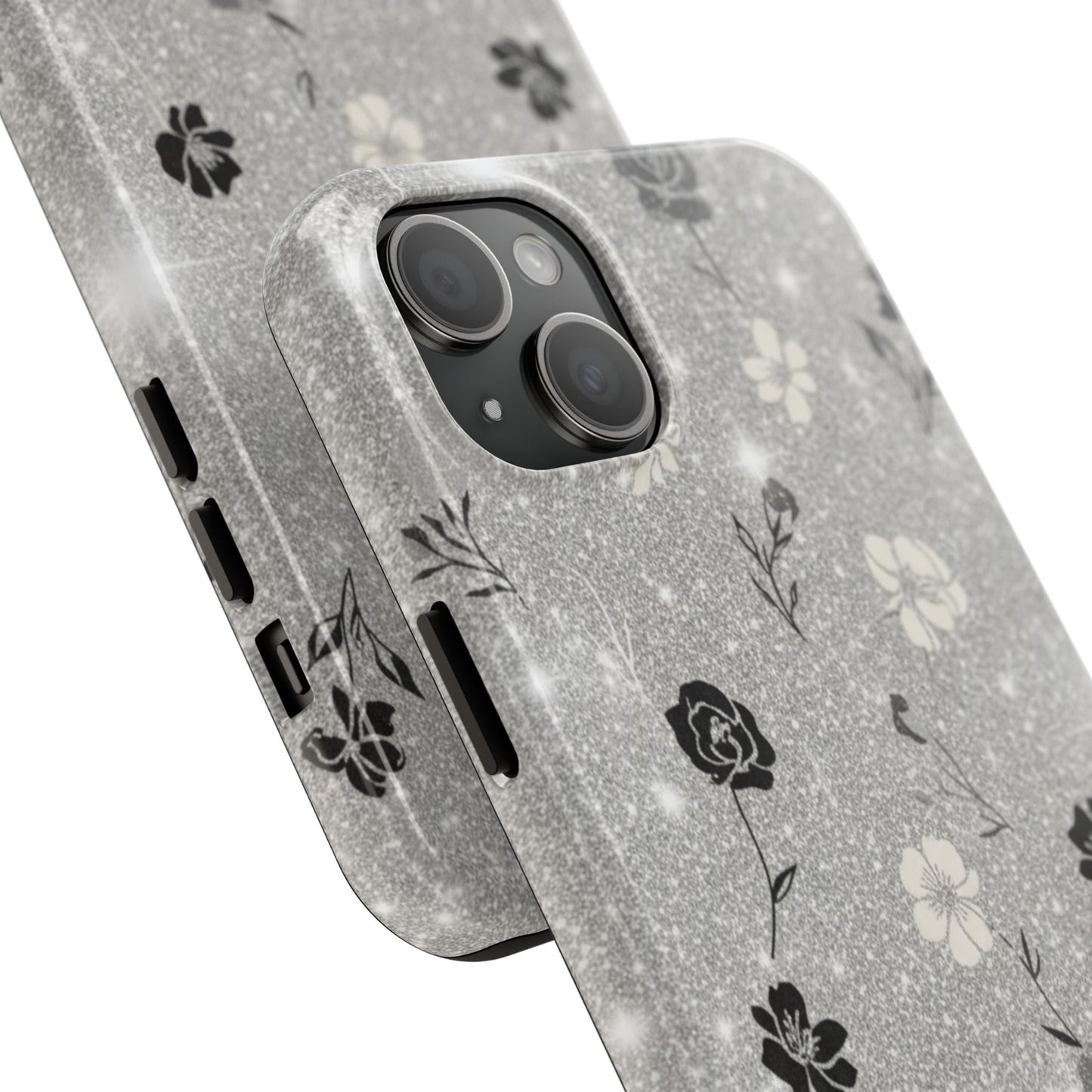 Floral Glitter Tough Phone Case — Black & Silver Vintage Flower Protective Cover