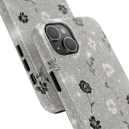 Floral Glitter Tough Phone Case — Black & Silver Vintage Flower Protective Cover