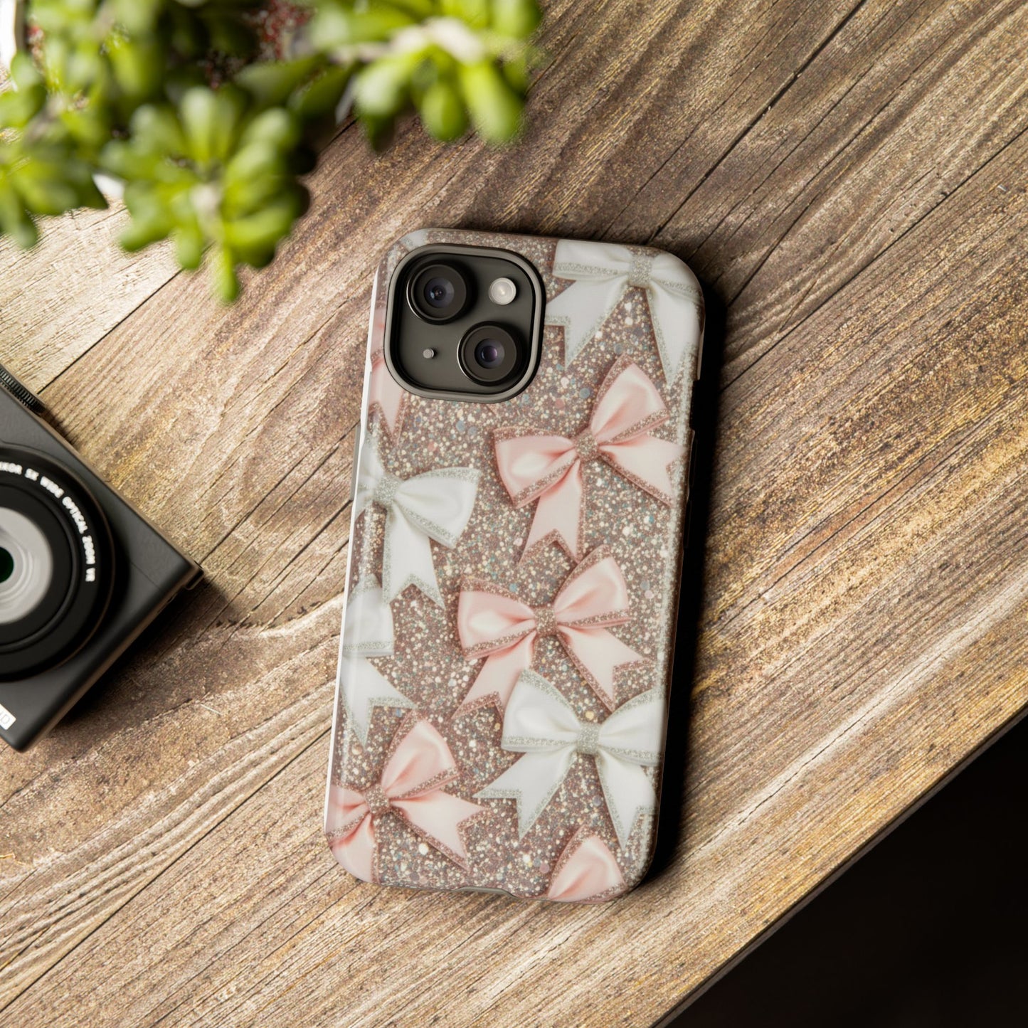 Glitter Bow Tough Phone Case — Pink & White Ribbon Protective Cover