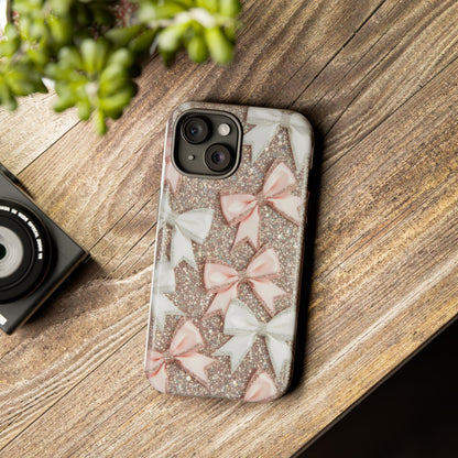Glitter Bow Tough Phone Case — Pink & White Ribbon Protective Cover