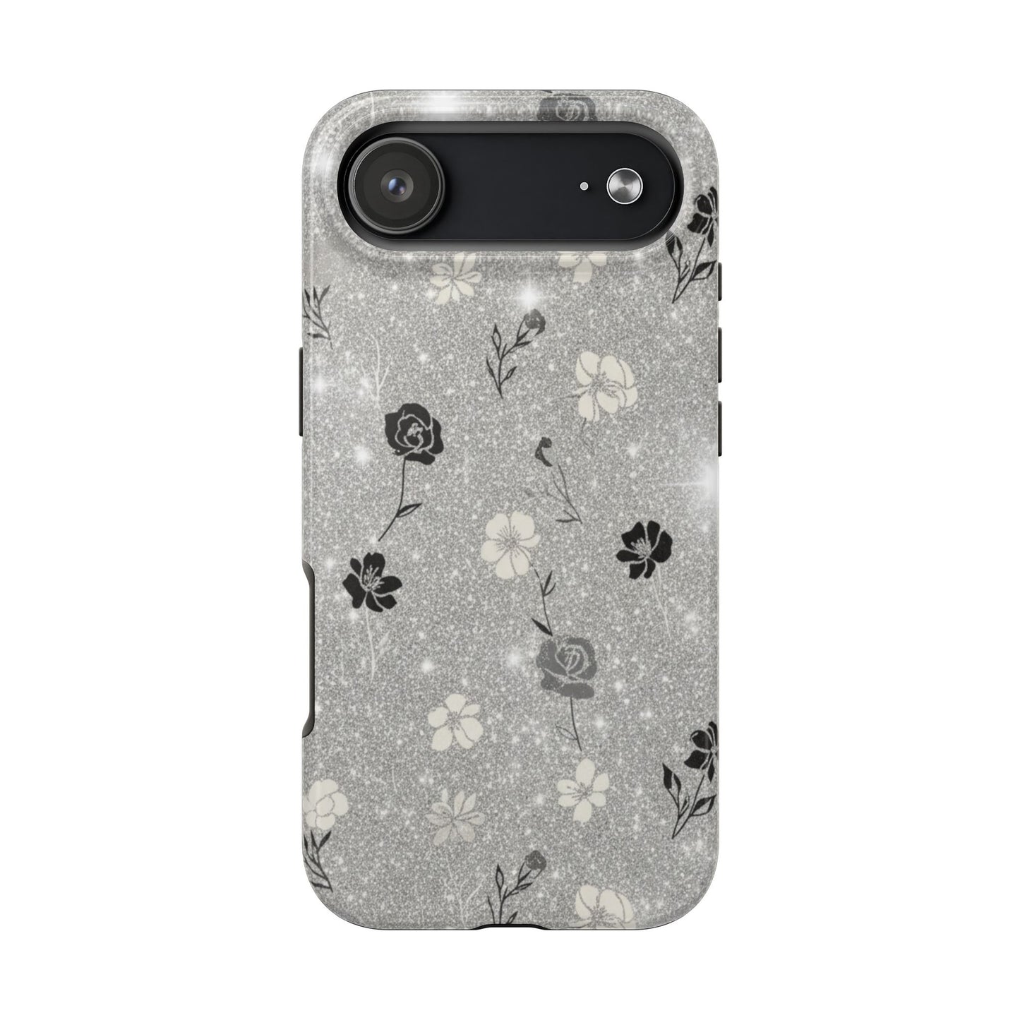 Floral Glitter Tough Phone Case — Black & Silver Vintage Flower Protective Cover