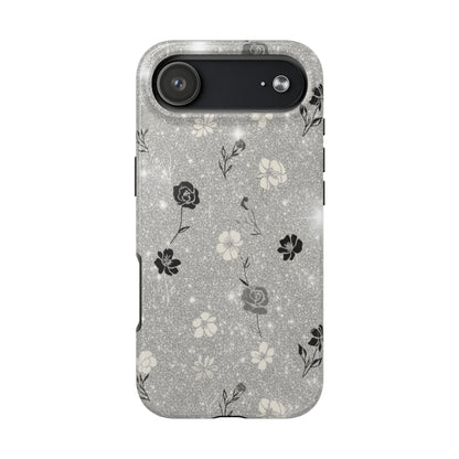 Floral Glitter Tough Phone Case — Black & Silver Vintage Flower Protective Cover