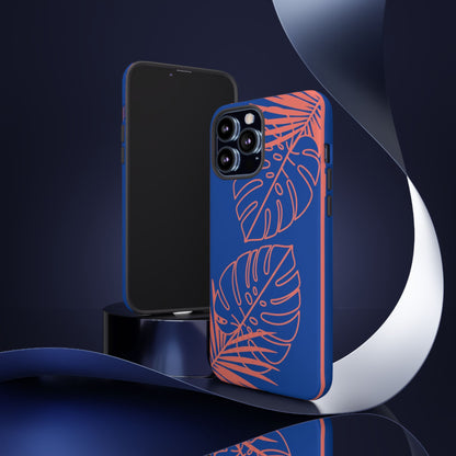 Tropical Monstera Phone Case — Blue & Coral Leaf Protective Cover