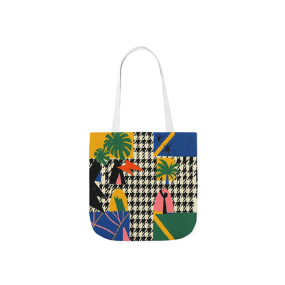 Tote Bag — Tropical Patchwork Canvas Tote with Palm & Houndstooth Print