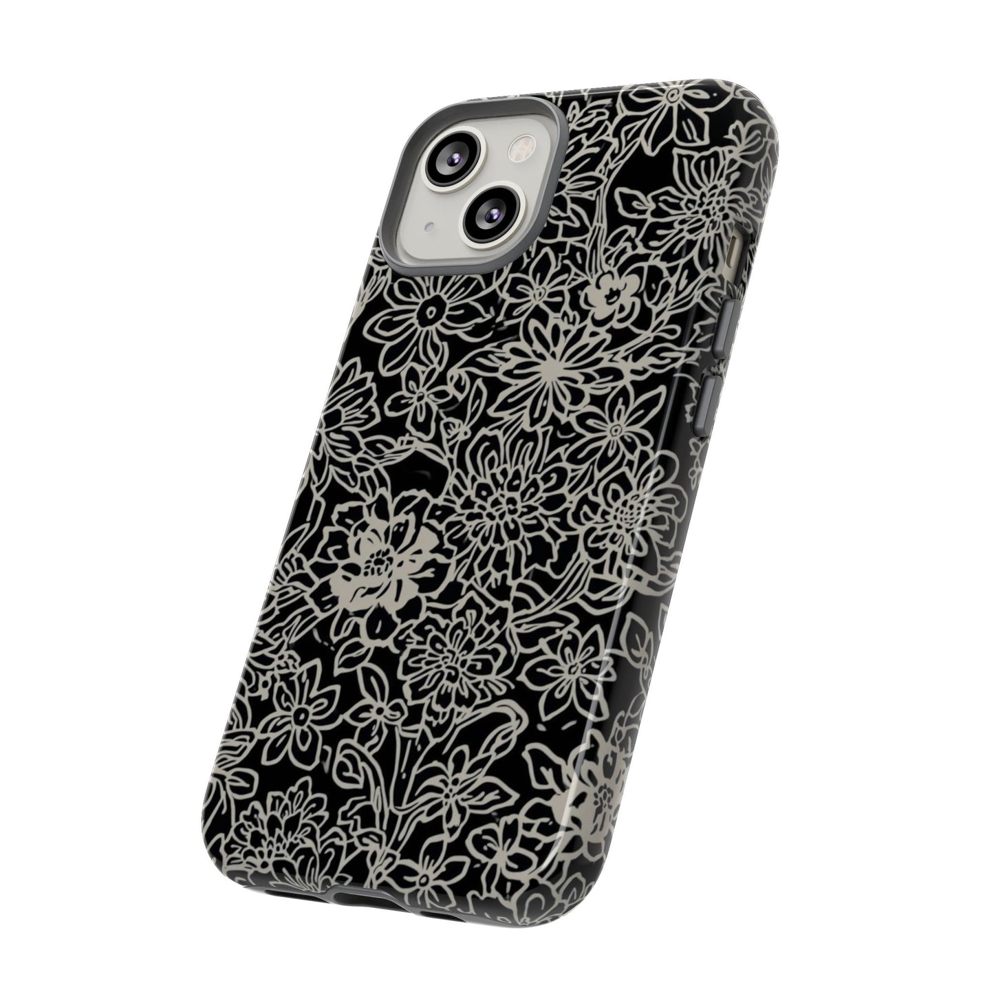 Floral Doodle Tough Phone Case — Black & White Sketch Flower Protective Cover