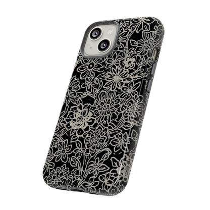 Floral Doodle Tough Phone Case — Black & White Sketch Flower Protective Cover