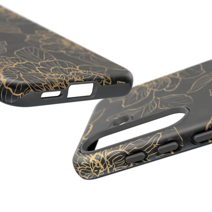Floral Gold Outline Tough Phone Case – Black Botanical Protective Cover