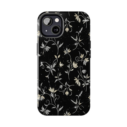Floral Noir Tough Phone Case — Vintage Black Botanical Protective Cover
