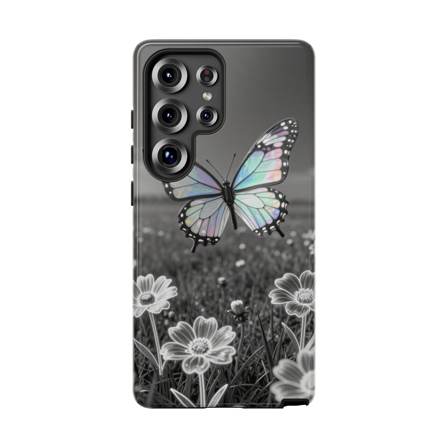 Butterfly Field Tough Phone Case — Pastel Holographic Butterfly on Black & White Floral Background