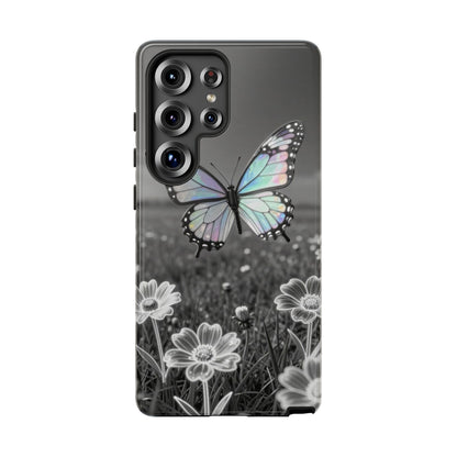 Butterfly Field Tough Phone Case — Pastel Holographic Butterfly on Black & White Floral Background