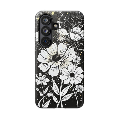 Floral Sketch Tough Phone Case – Black & White Daisy Protective Cover