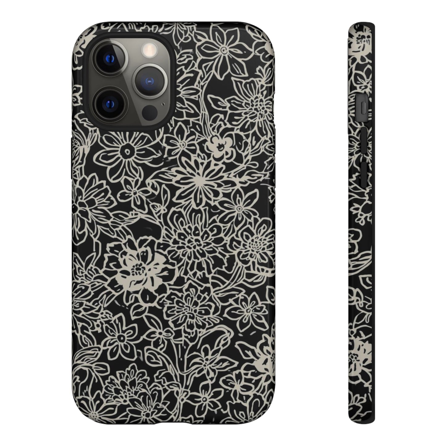 Floral Doodle Tough Phone Case — Black & White Sketch Flower Protective Cover