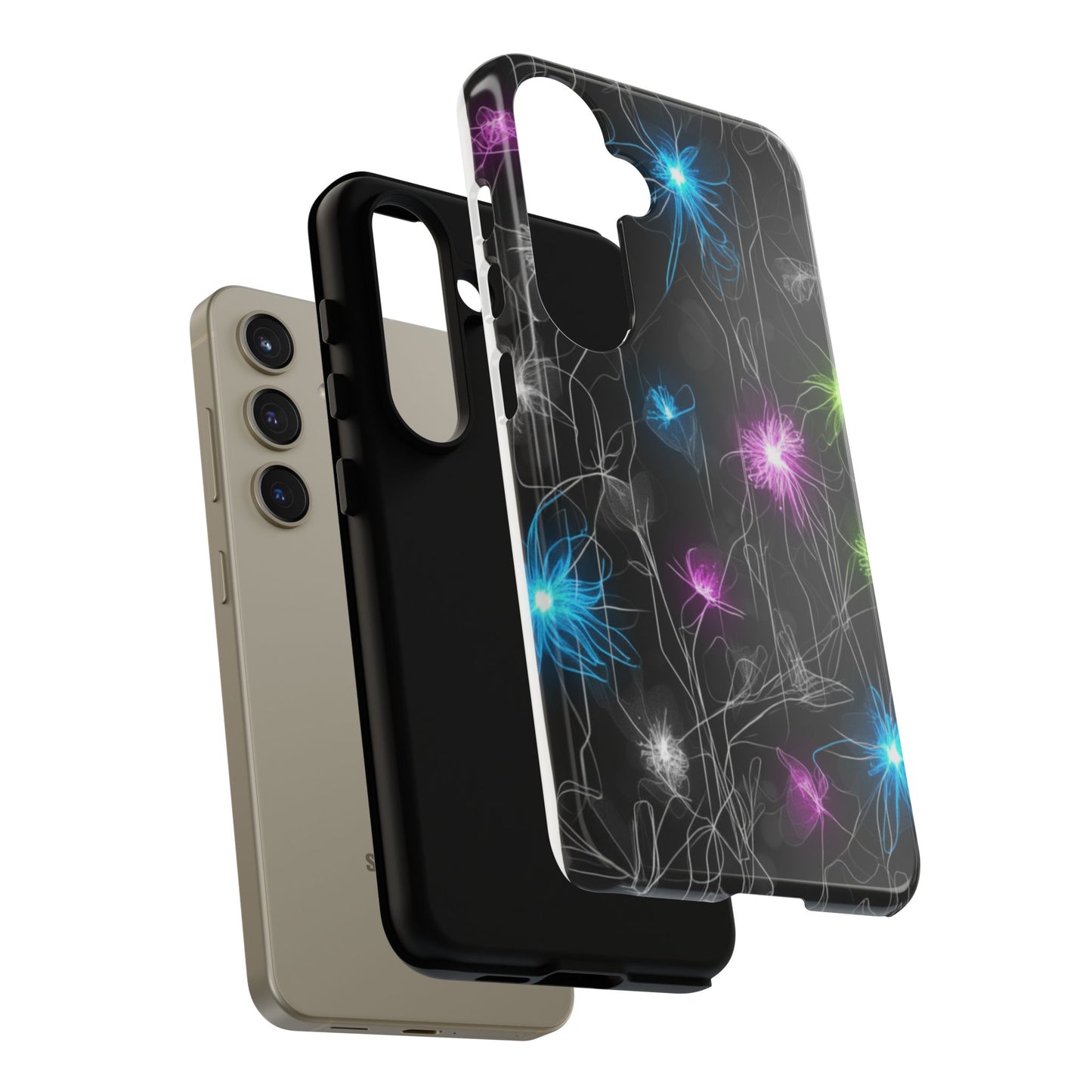 Neon Floral Tough Phone Case — Glow Flower Protective iPhone Cover