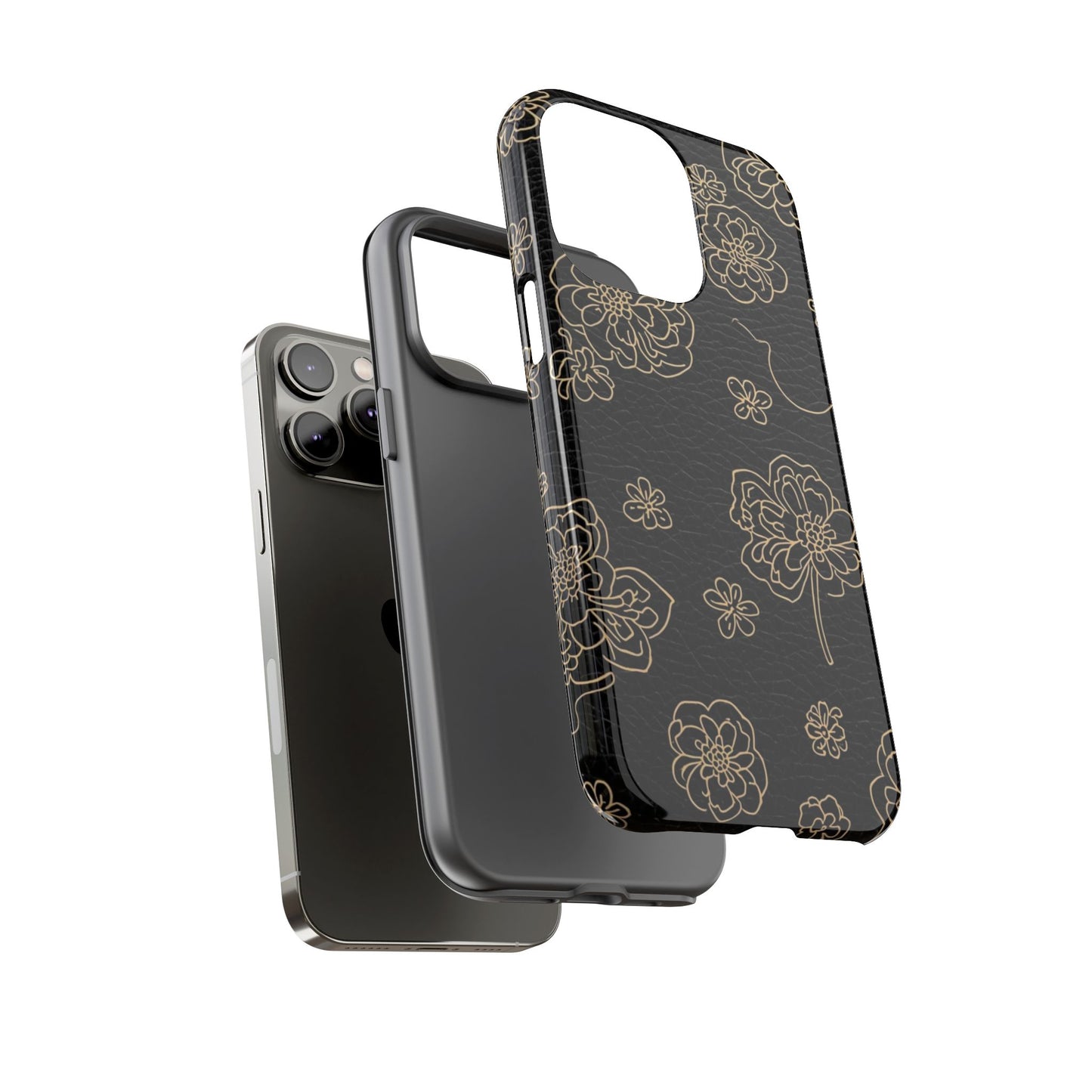 Floral Leather-Texture Tough Case – Black Gold Outline Phone Cover