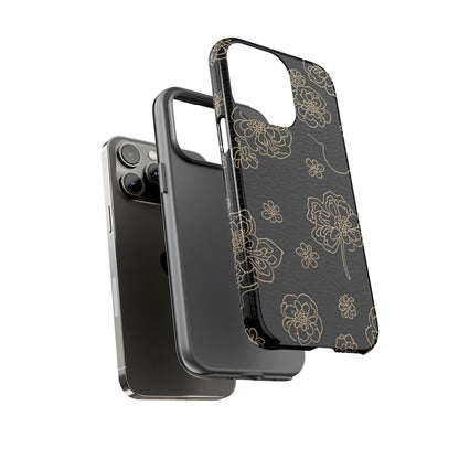 Floral Leather-Texture Tough Case – Black Gold Outline Phone Cover