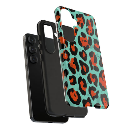 Leopard Print Tough Phone Case — Teal & Rust Protective iPhone Cover