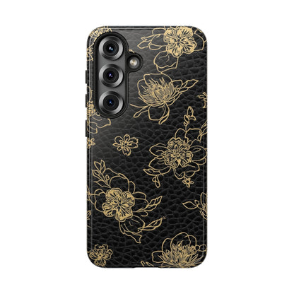 Floral Leather Phone Case — Gold Outline Flowers on Black Tough Case