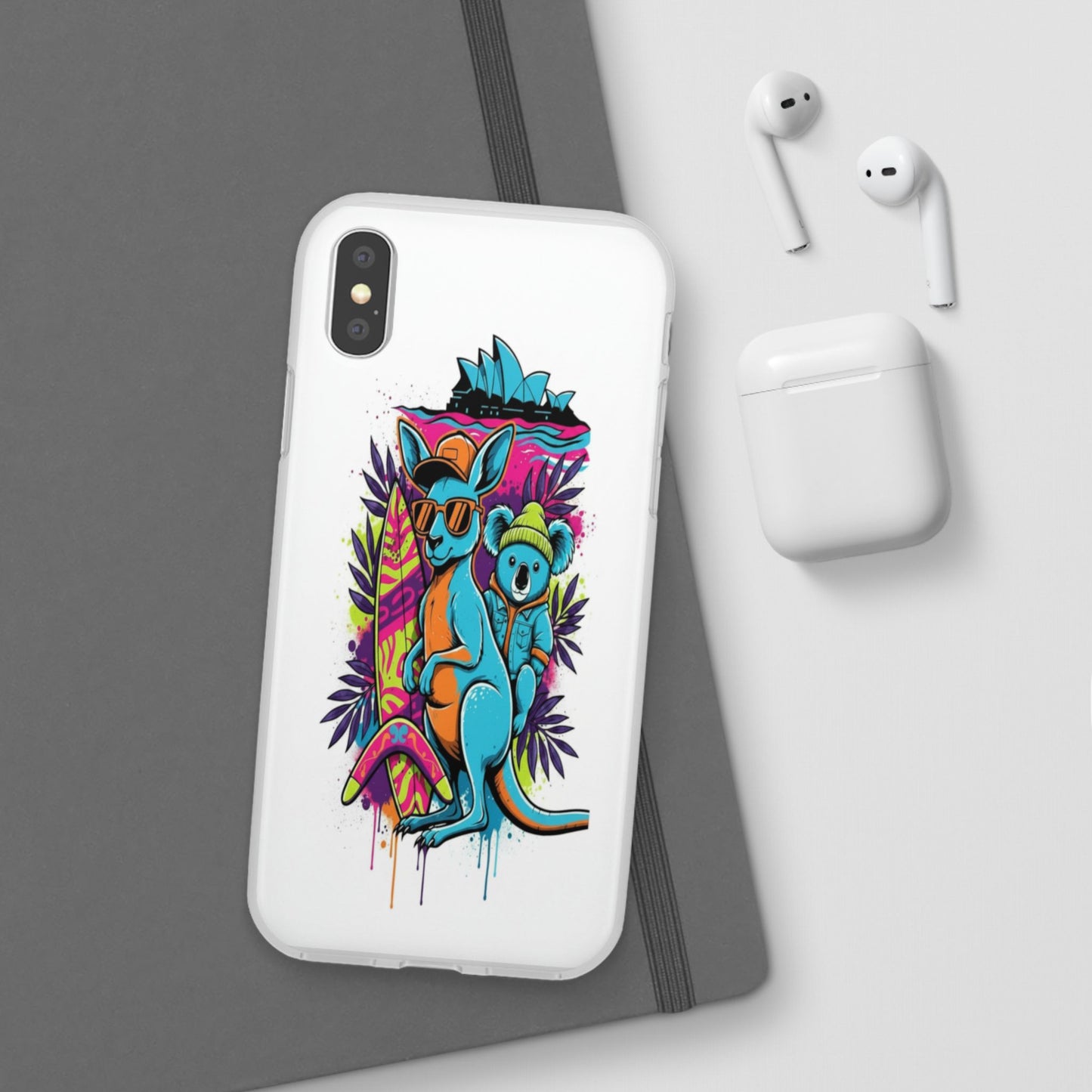 Kangaroo & Koala Surf Phone Case — Neon Aussie Beach Vibes Flexible Case